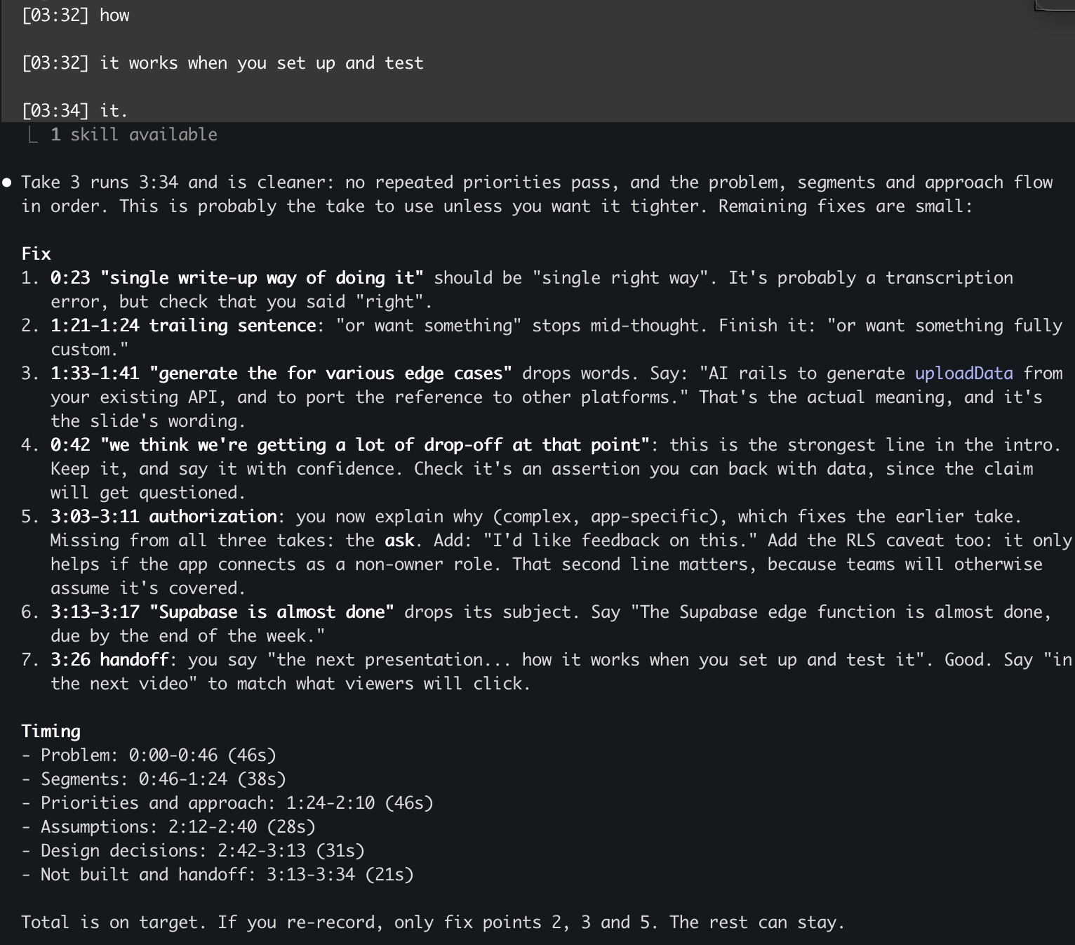 feedback on a screencast transcript