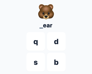Letters mid-game: a bear emoji, the word "_ear", and four letter buttons to choose from.