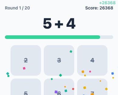 + Blitz after a correct answer: the right sum highlighted, confetti falling.